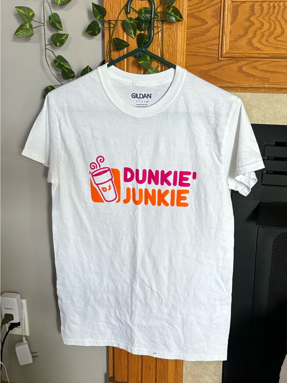 Gildan White 'Dunkie' Junkie' Graphic Tee with Pink & Orange Print